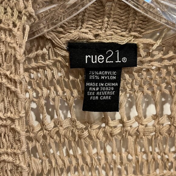 Rue 21 Crochet Open Weave Fringe Cardigan 3/4 sleeve Size Small Tan Beach Cover - Picture 10 of 10